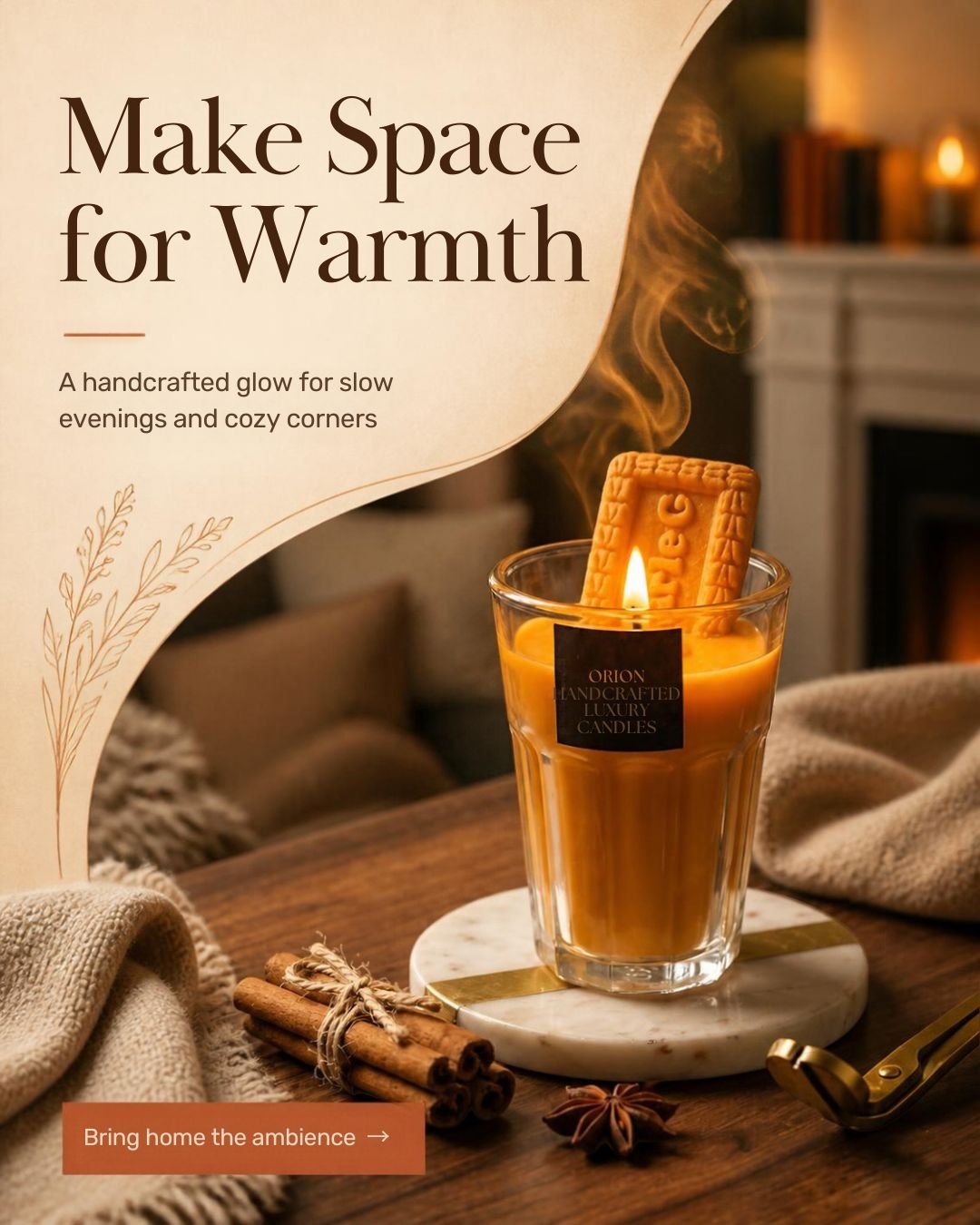 A glowing candle on a marble coaster in a warm home setting
